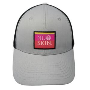 Nu Skin Trucker Hat Gray One Size Snapback Mesh Logo Patch Red Pink Accents